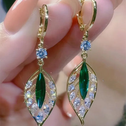 Green Crystal Golden Leaves Earrings for Women Daily Accessories