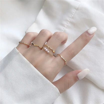 Style Simple Three Pearl Wavy Combination Ring Net Red Tail Jewelry