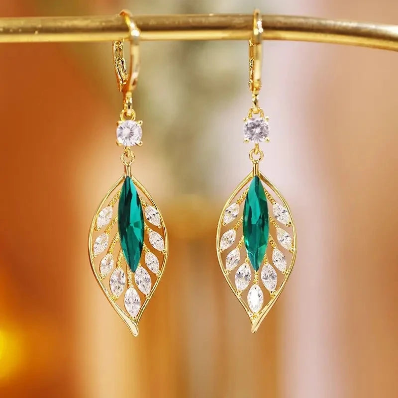 Green Crystal Golden Leaves Earrings for Women Daily Accessories