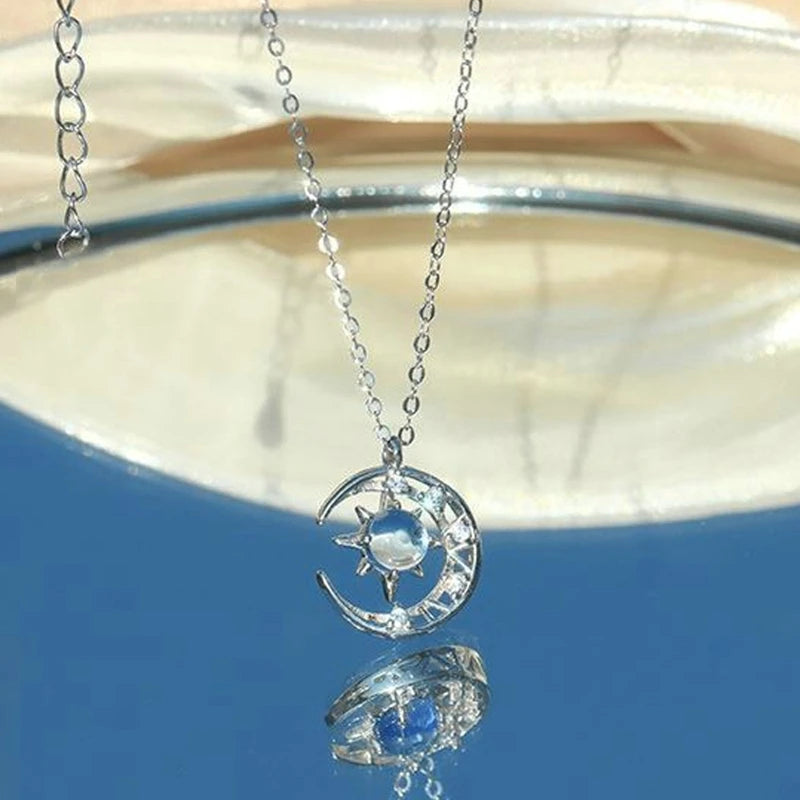 Fashion Blue Round Crystal Pendant Necklace Women Elegant Girls