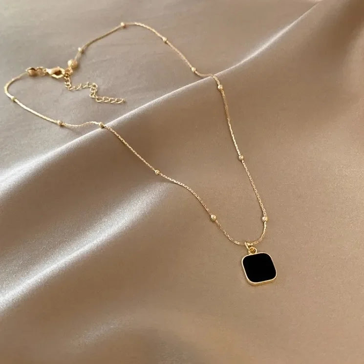 Stainless Steel Necklaces Black Exquisite Square Pendant Choker